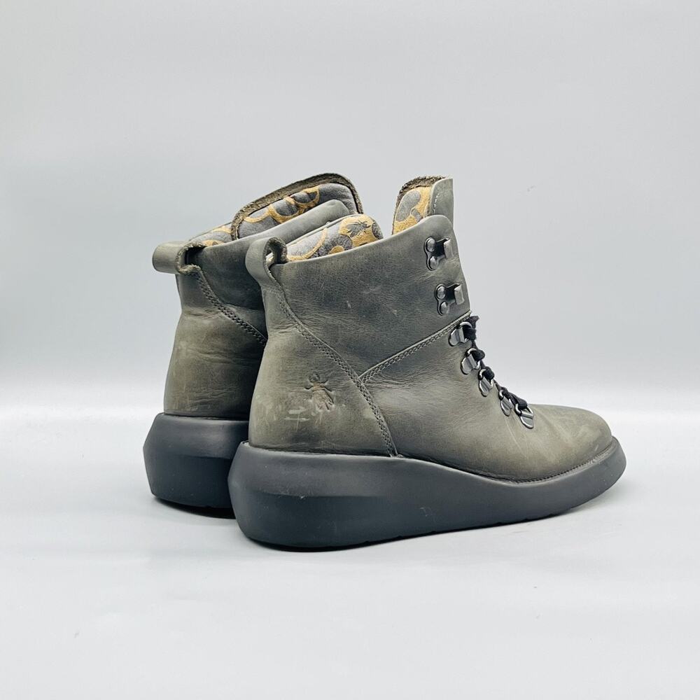 FLY London Boots Womens 7 Green Leather Platform Wedge Ankle Lace Up Shoes - Picture 4 of 11